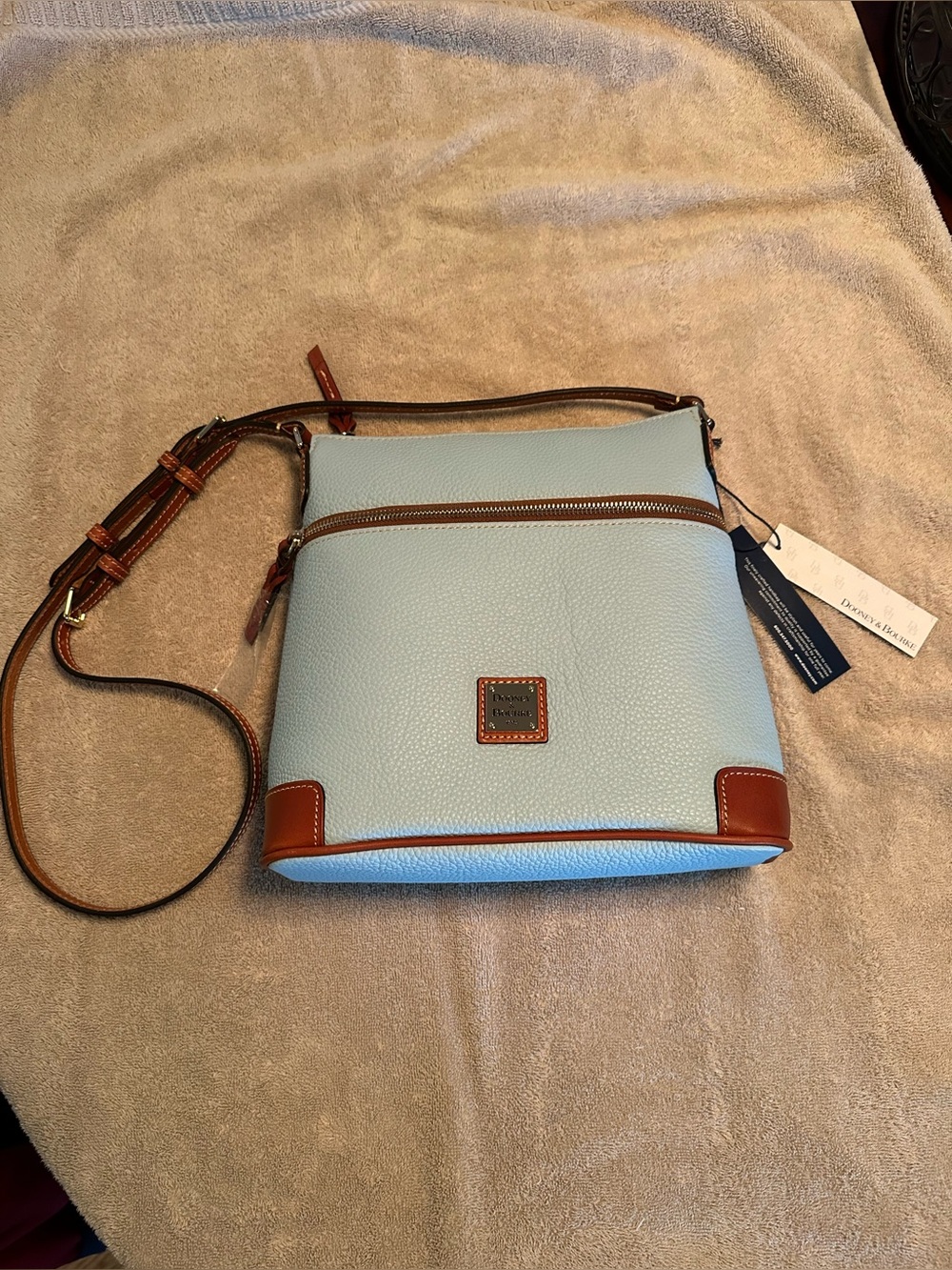 NWT Dooney & Bourke Light Blue Pebbled Leather Crossbody with Brown Trim